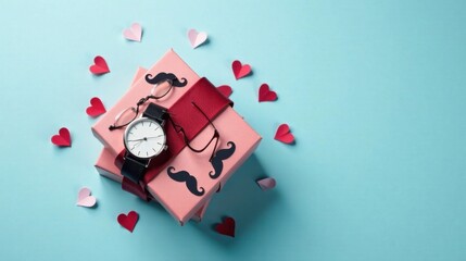 Fototapeta na wymiar A thoughtful gift presentation for a special occasion, featuring a wristwatch and eyeglasses resting on top of elegantly wrapped presents, surrounded by charming heart-shaped decorations.
