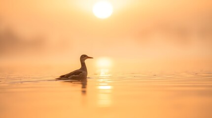 A lone swan silhouettes against the sunset's reflection on the tranquil lake water