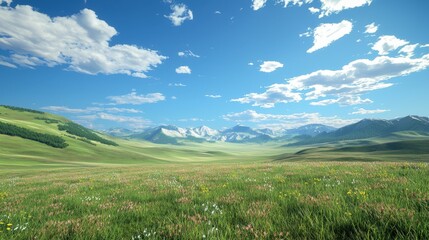 Fototapeta premium Expansive grassy plains stretch towards majestic mountains, bathed in bright sunlight and dotted with colorful wildflowers against a backdrop of fluffy clouds