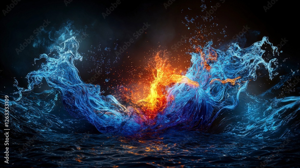 Poster Dynamic flames and waves abstract environment digital art surreal concept high-contrast view