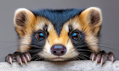 Obraz premium Close-Up Portrait of a Cute Animal with Striking Features and Big Eyes Captured in an Outdoor Setting, Focusing on Unique Face and Expressive Expression