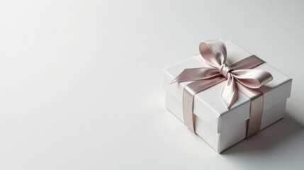 Fototapeta premium A delicately wrapped present, a pristine white gift box adorned with a blush-pink satin ribbon, sits elegantly on a smooth white surface.