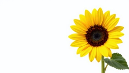 Single sunflower, vibrant yellow petals against pure white background, detail, summer, freshness