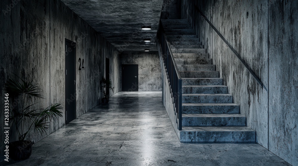 Poster Exploring grief and reflection in an abandoned stairway urban environment abstract imagery moody atmosphere