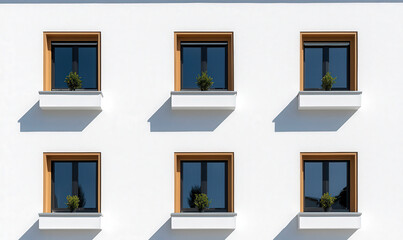 Minimalist Architecture with Modern Windows Showcasing Green Plants on a White Wall in Bright Daylight, emphasizing Symmetry and Clean Design Aesthetic