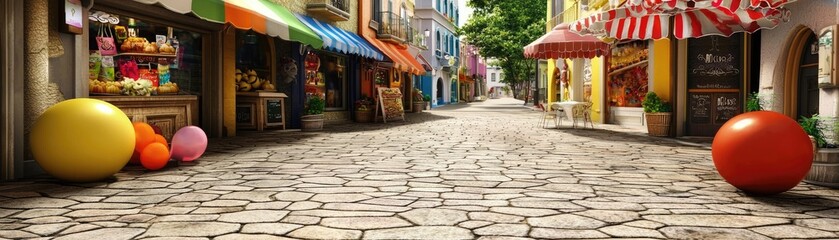 Fototapeta premium Colorful shops cobblestone street sunny day balloons background postcard