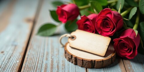 Naklejka premium Rustic Wooden Slice with Blank Tag and Bouquet of Deep Red Roses