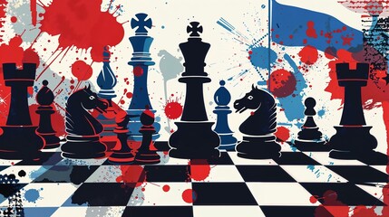 Naklejka premium Dramatic chess composition in red, white and blue splatter art style depicting strategic warfare and political confrontation through classic game pieces arrangement.