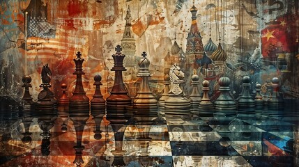 Fototapeta premium Chess pieces arranged on reflective board with American and Chinese flags with a Russian landscape in grunge style background, symbolizing global strategy, power dynamics and diplomatic tensions.