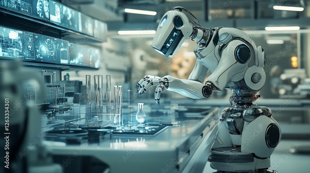 Poster advanced robotics in modern laboratory setting: a futuristic robot conducting experiments in a high-