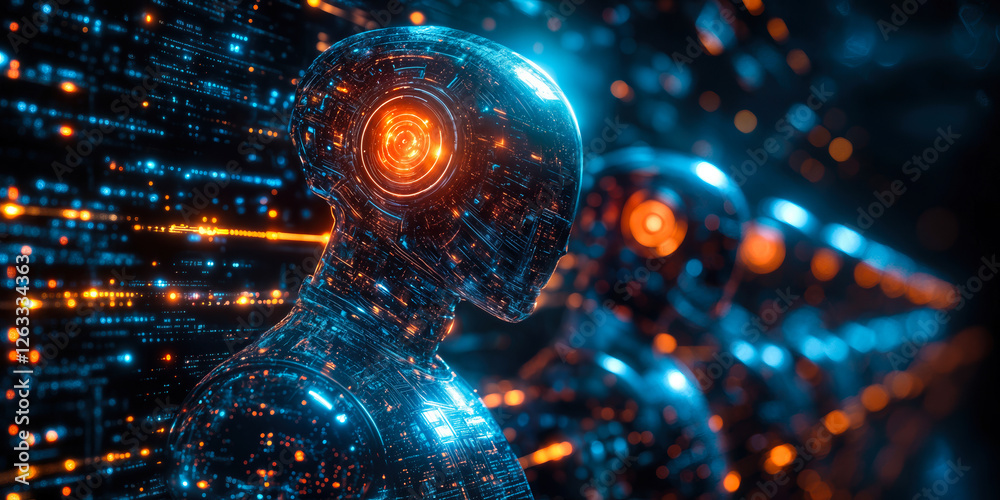 Poster futuristic ai robot line with neural network display in digital cyberspace technology concept
