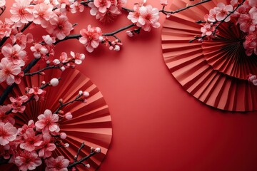Pink cherry blossoms and ornate red fans arranged on a vibrant red background create a striking cultural display for celebration or decoration