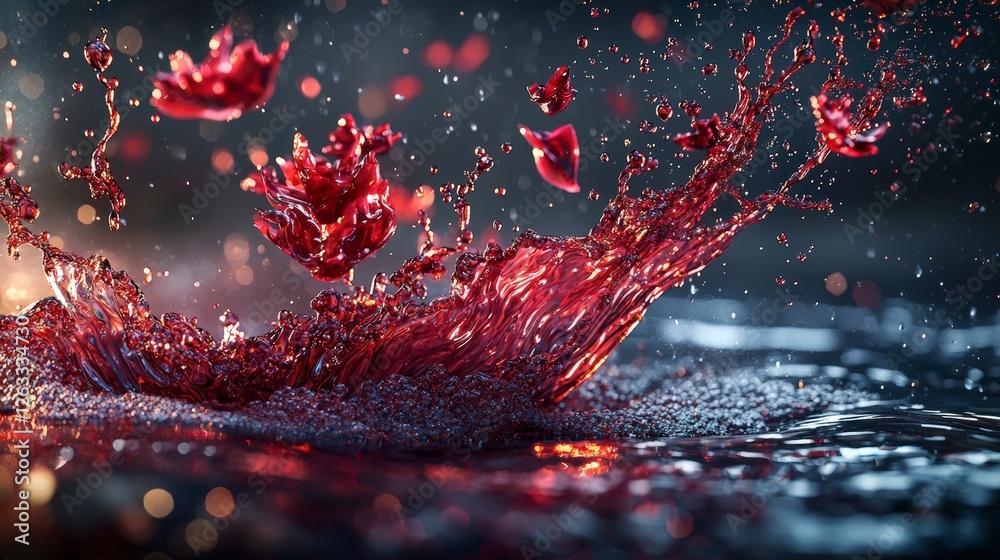Aufkleber rippling red-orange waves burst through mist dynamic water splash abstract art dark environment clos