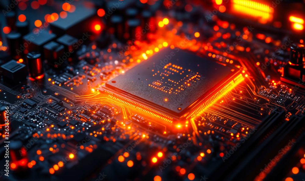 Poster high-performance microchip glowing on a circuit board for overclocking enthusiasts demanding advance
