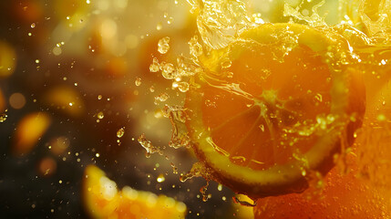 Refreshing splash of orange juice with citrus slices, vibrant background capturing summer essence