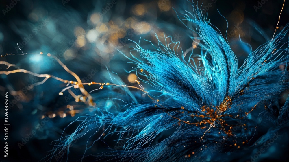 Poster vibrant cobalt strands dance in dark expanse abstract art exploration digital art close-up view surr