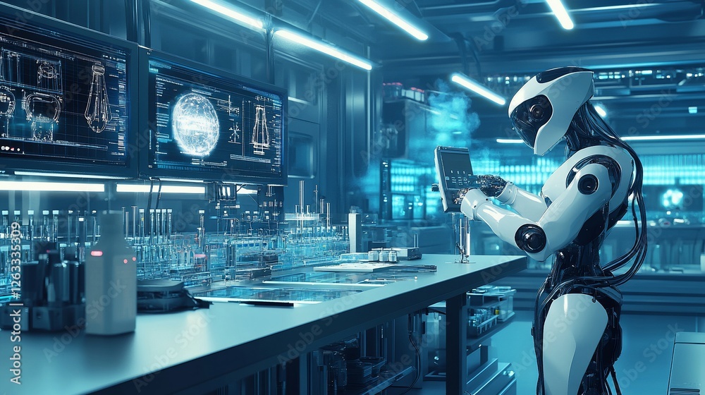 Poster advanced robotics in a futuristic laboratory setting: a white robot uses a tablet computer amidst hi