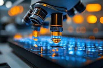 The microscope lens is intricately focused on an array of vibrant liquid samples, highlighting the intricate details within a laboratory environment