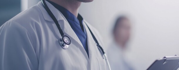 Close-up of a doctor taking a patient's medical history on a clipboard, with a stethoscope around their neck in a clinic office Generative AI