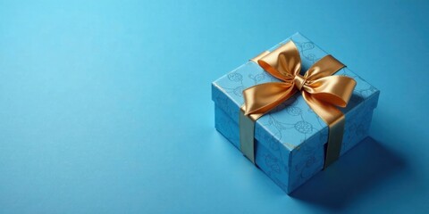 Obraz premium A luxuriously wrapped present, a light blue box adorned with a golden ribbon bow, sits on a matching blue background, ready for a special occasion.