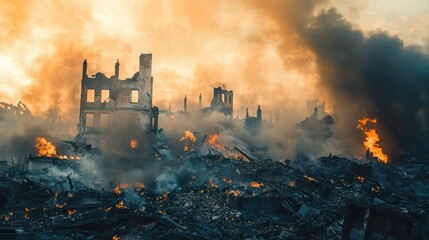 Fototapeta premium Collapsed buildings surrounded by rising smoke clouds