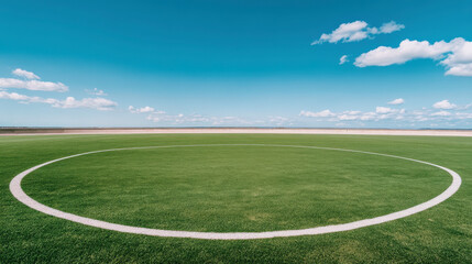 Obraz premium Expansive Green Field Under Bright Blue Sky with Fluffy Clouds and Gentle Horizon in a Peaceful Landscape Setting