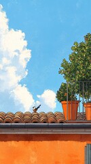 Bird on terracotta roof, orange trees, sunny sky; Italian summer postcard