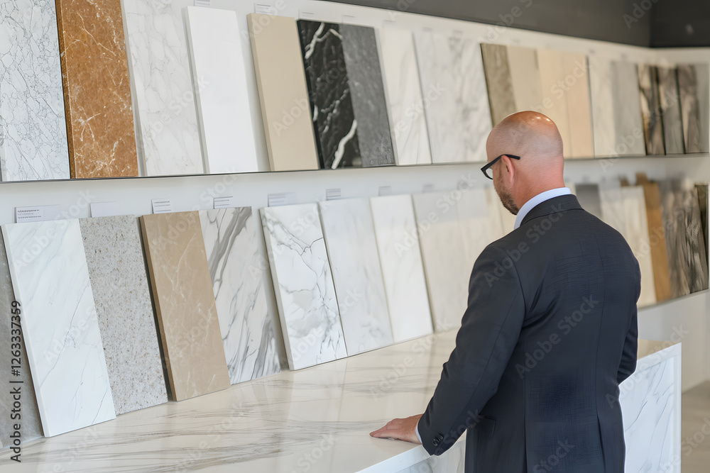 Fototapete Bald man in suit examines tile samples. Wide array of neutral tones and marble patterns on display in showroom.