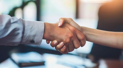 Professional handshake in modern office space