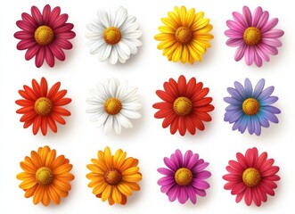 Set of colorful gerbera daisy flowers isolated on a white background, top view. 