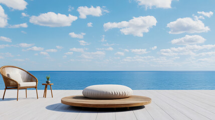 Obraz premium Serene Coastal Terrace with Plush White Cushion, Stylish Rattan Chair, Small Table, Ocean View Under Bright Blue Sky with Soft Clouds