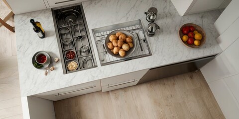 Overhead view depicts a modern kitchen countertop with fresh produce