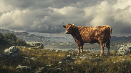 Irish Cow in County Donegal Landscape, Ireland