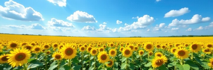 Vast sunflower field, vibrant yellow blooms under a brilliant blue sky dotted with fluffy white clouds , serenity, rural, expansive
