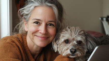 Relaxed middle-aged woman, coffee nearby, laptop open, her dog curled up beside her.
