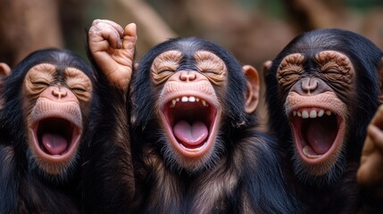 Three lively chimpanzees exhibit sheer joy with their big yawns, capturing a moment of playful exuberance and connection that highlights the humorous side of animal behavior in nature.