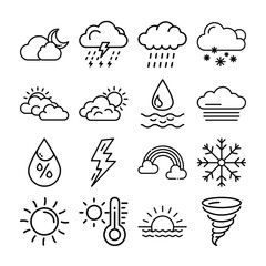 This graphic features a collection of simple, black line art icons representing various weather conditions.