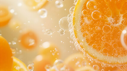 Freshly sliced oranges surrounded by bubbles in a bright, refreshing background