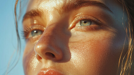 Close-up of female skin, face, blue green eyes with freckles textures, Cropped shot of young woman with real textured skin for skincare product, spa, wellness, gym advertisement and banner
