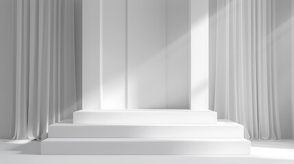 A sleek white podium with pure white sheer curtains, softly gathered and allowing light to filter through