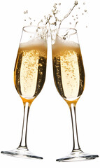 Two glasses of champagne clinking together, isolated on a white background