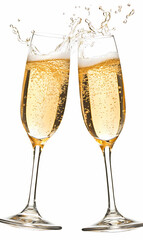 Two glasses of champagne clinking together, isolated on a white background