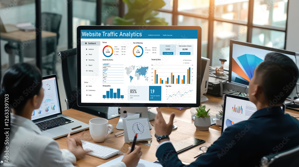 Poster computer software for website traffic analytics data on computer screen. concept of seo search engin