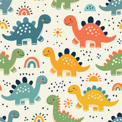 Seamless pattern with stylized cute dinosaurs, rainbows, and abstract elements. © Nataliia Pyzhova