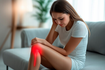 Naklejka premium A woman sitting on the couch, with a pain highlighted in red in her knee, touching it with her hand and looking at it. The background is a light gray living room, side view.