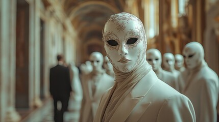 Guests adorned in exquisite masks gather in an opulent hall celebrating mystery and artistry while savoring an enchanting atmosphere