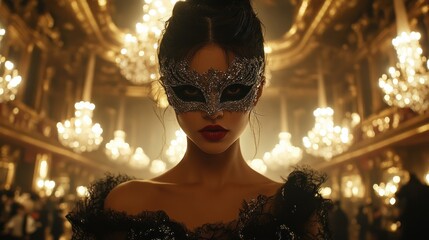 An enchanting masquerade unfolds in an opulent hall adorned with sparkling chandeliers featuring intricately detailed masks worn by elegant guests