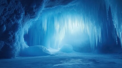 Fototapeta premium Breathtaking ice cave with huge icicles hanging from the top