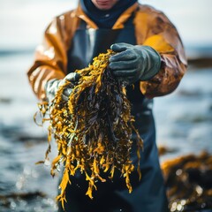 Worker harvesting fresh seaweed from the sea, holding a large bundle of green kelp in his hand