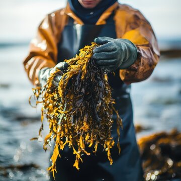 Worker harvesting fresh seaweed from the sea, holding a large bundle of green kelp in his hand